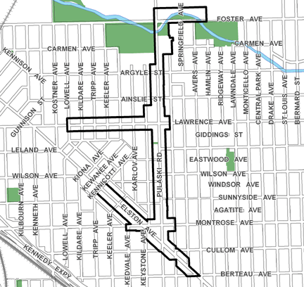Lawrence/Pulaski TIF district, roughly bounded on the north by Foster Avenue, Berteau Avenue on the south, Hamlin Avenue on the east, and Lowell Avenue on the west.